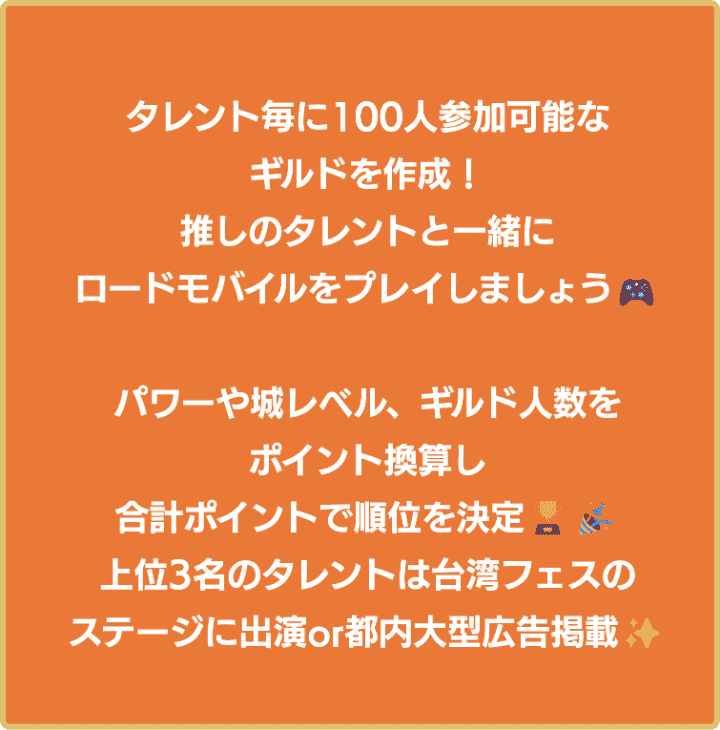 タレント毎に100人参加可能なギルドを作成！推しのタレントと一緒にロードモバイルをプレイしましょう！パワーや城レベル、ギルド人数をポイント換算し、合計ポイントで順位を決定！上位3名のタレントは台湾フェスのステージに出演or都内大型広告掲載！